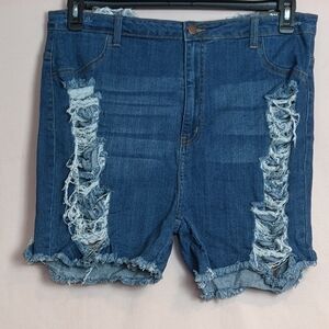 Fashion Nova Yes Now Distressed Bermuda Shorts Medium Blue Wash size 2X